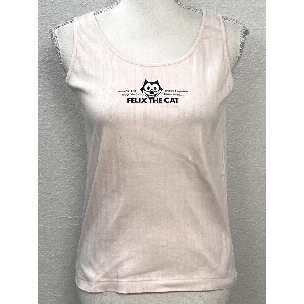 VTG 1988 Womens SMALL Pink Felix the Cat Lovable Guy Cartoon TANK TOP *Stained*
